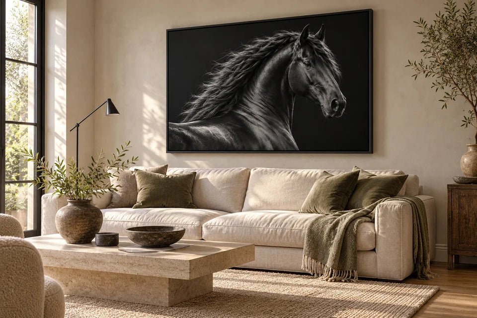 A large monochrome horse portrait in a black floating canvas frame above a pale sofa in a warm living room.
