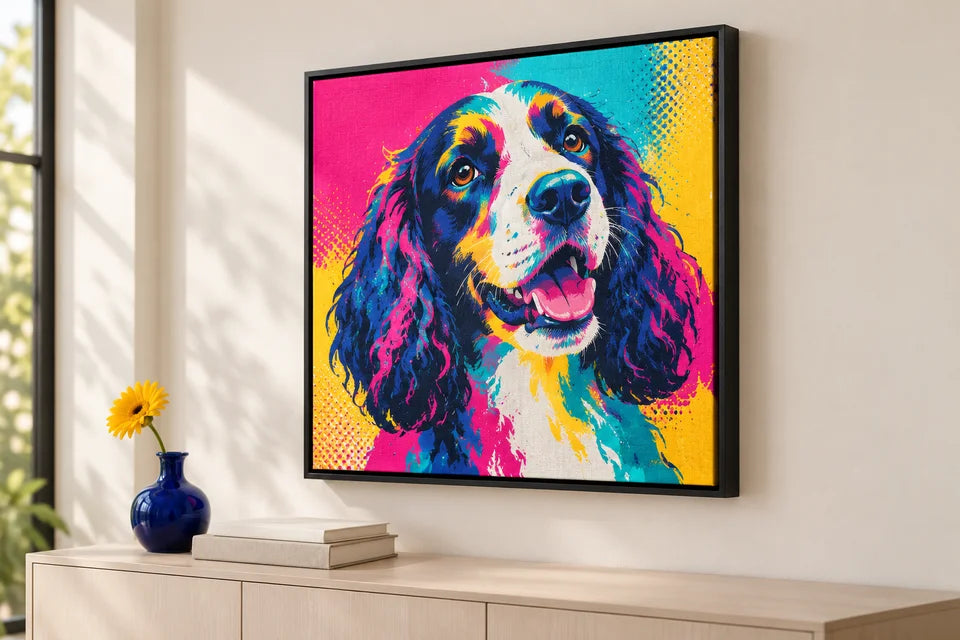 Vibrant magenta, turquoise and yellow dog pop art on canvas inside a black floating frame.