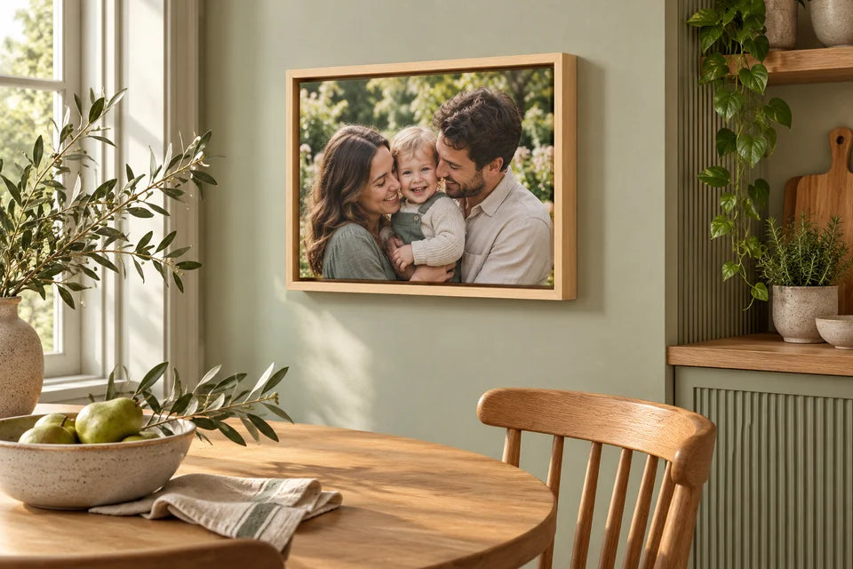 A small family photograph on canvas in a pale wood floating frame on the dry dining wall of a sage kitchen.