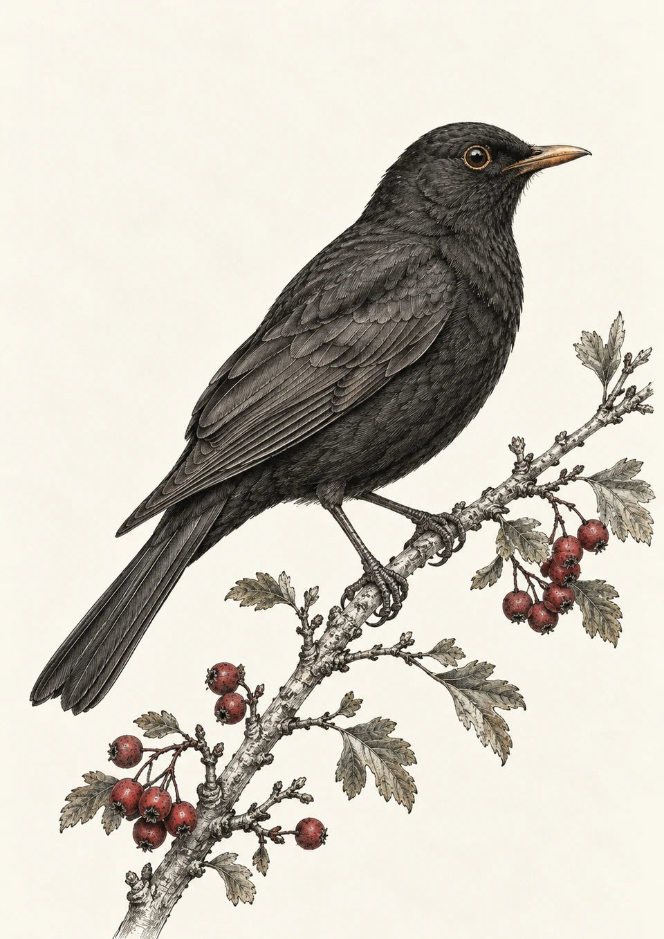 Blackbird and berries - fine etching illustration of one blackbird perched on a slender hawthorn branch with small berry clusters.