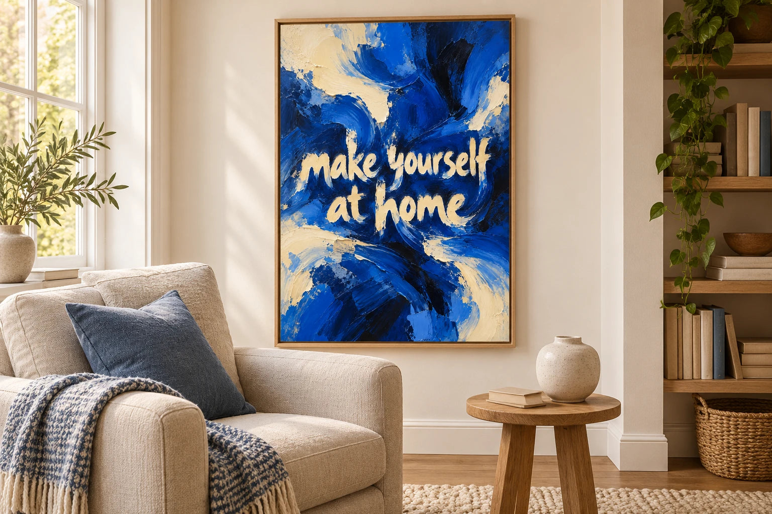 Blue Make yourself at home quote canvas in a reading corner.