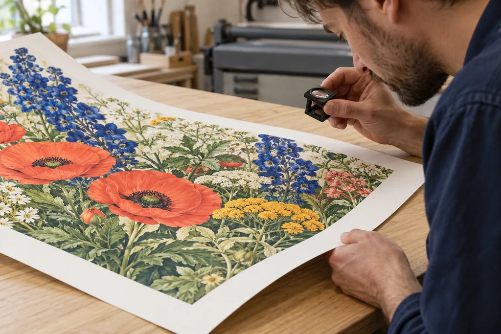 Close inspection of a vivid botanical poster, with a handheld magnifier and hands holding the white border.