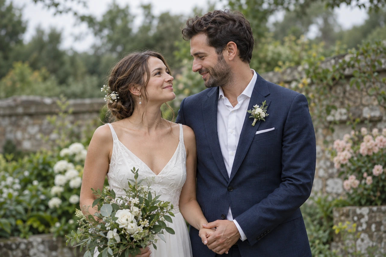 Fictional wedding couple exchanging a quiet smile in a garden, wearing an ivory dress and navy suit.