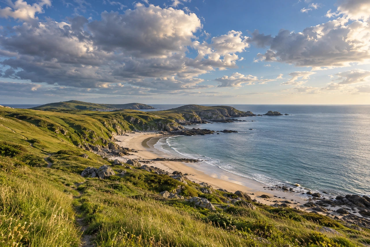A fictional green coastal headland, pale crescent beach and blue-grey sea beneath a broad cloud-filled sky.