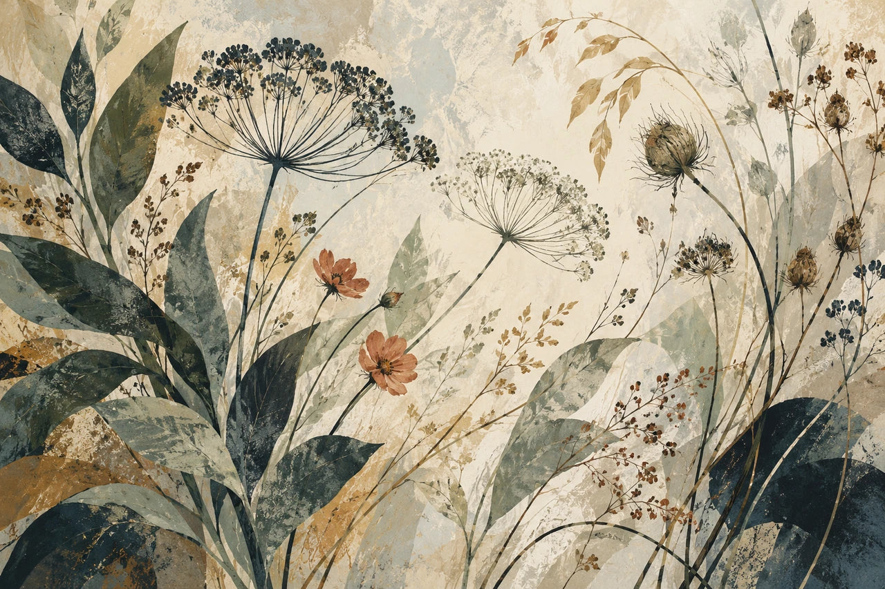 Original AI-created botanical artwork with olive leaves, fine seedheads and restrained terracotta flowers on a warm ivory ground.