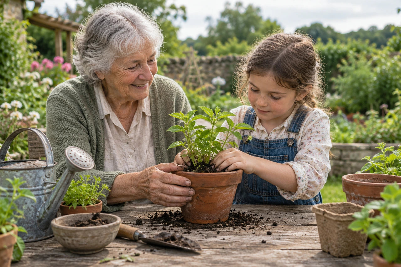 Fictional grandparent and child potting a plant together at a weathered garden table.