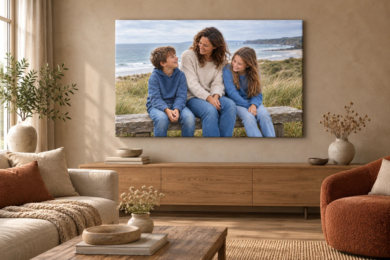 Imagined warm living room with the complete three-person coastal family composition displayed on a landscape canvas above an oak console.