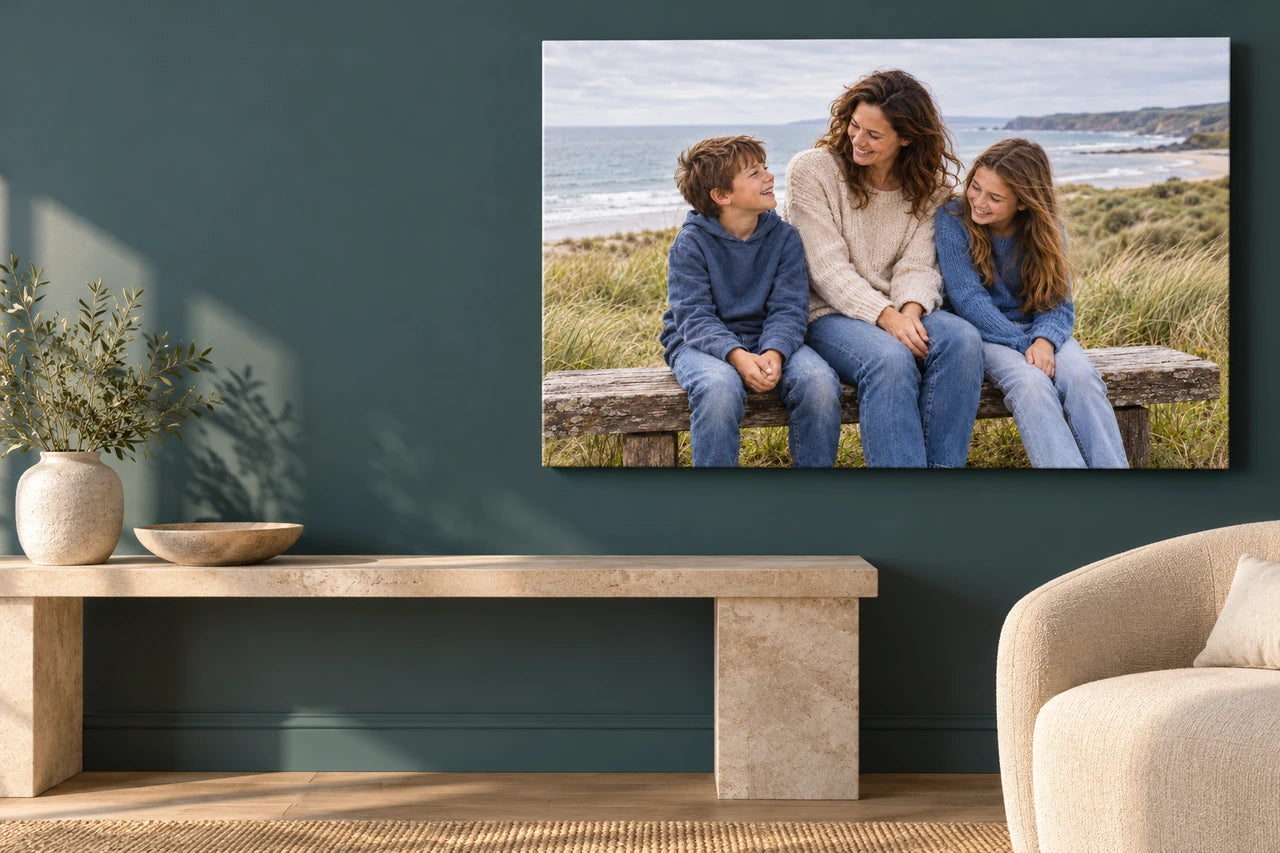 Fictional mother and two children pictured on a landscape canvas in an imagined teal and stone home.
