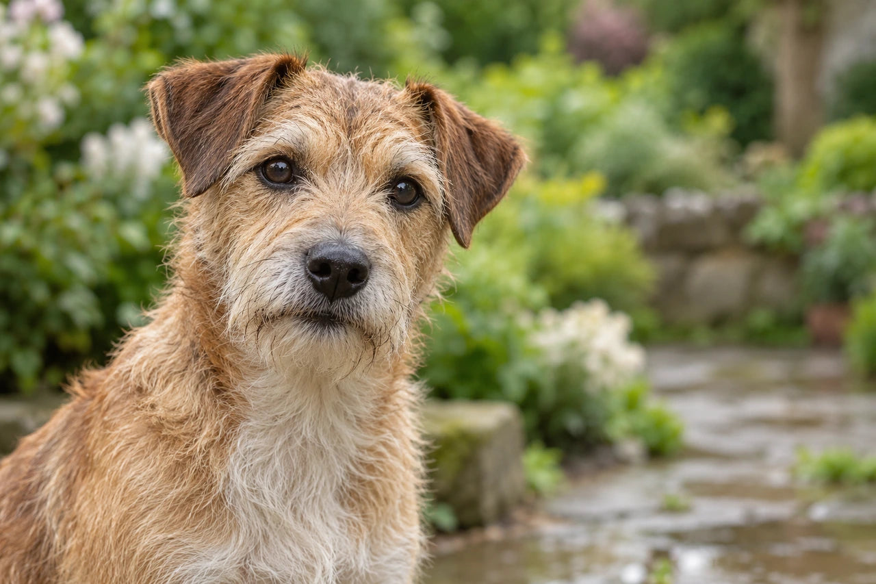 A fictional tan-and-cream wire-haired terrier with both eyes and folded ears visible against a softly blurred garden.