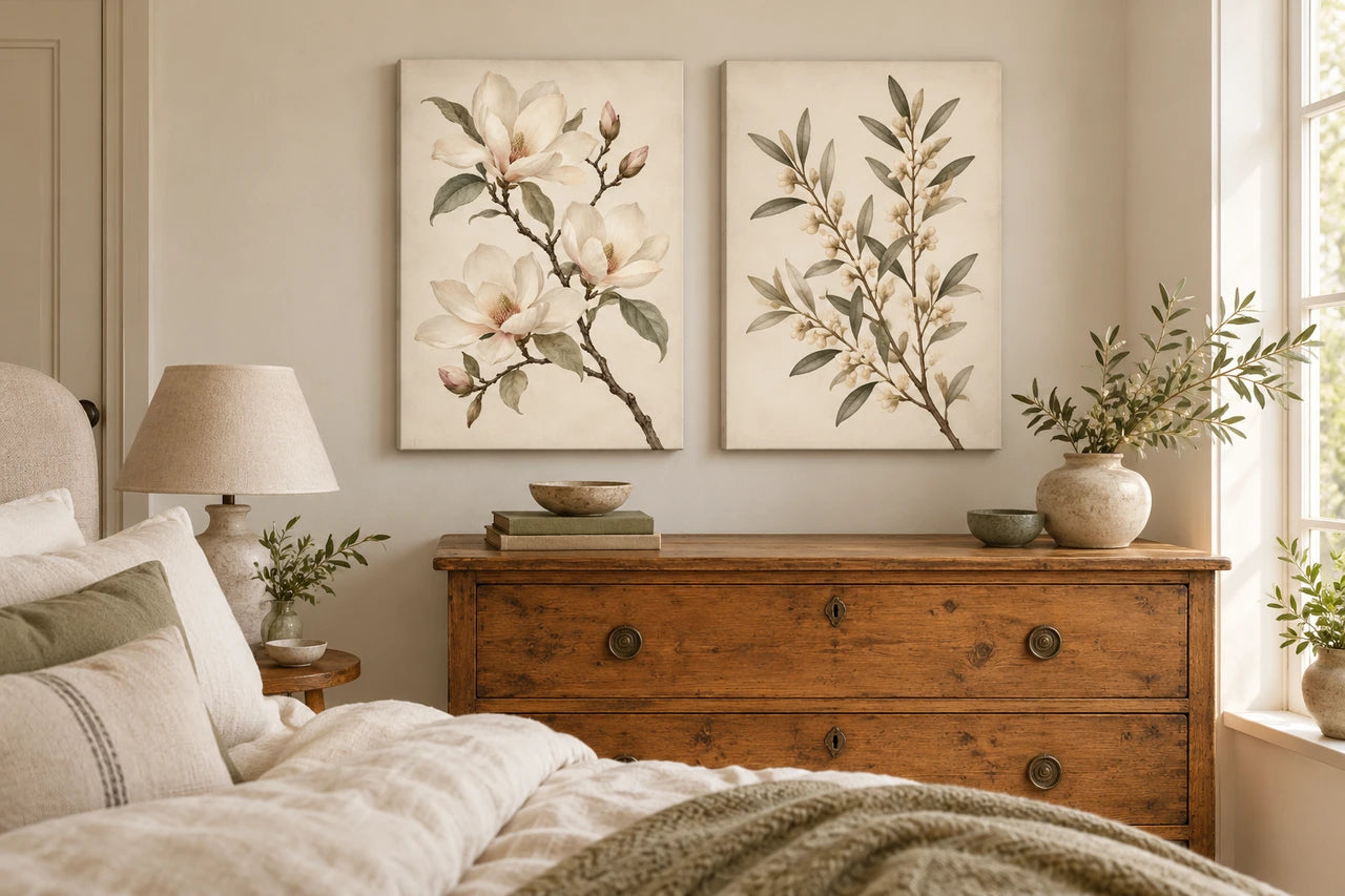 Two matching portrait botanical canvases above a wooden chest in an imagined pale bedroom.