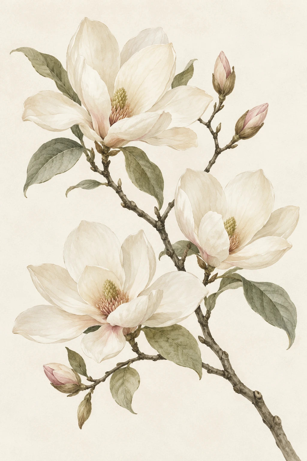 Three ivory magnolia flowers and muted sage leaves in a portrait watercolour composition.