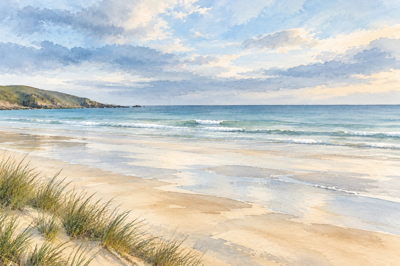 The practice coastal scene reinterpreted as a pale blue and ivory watercolour.