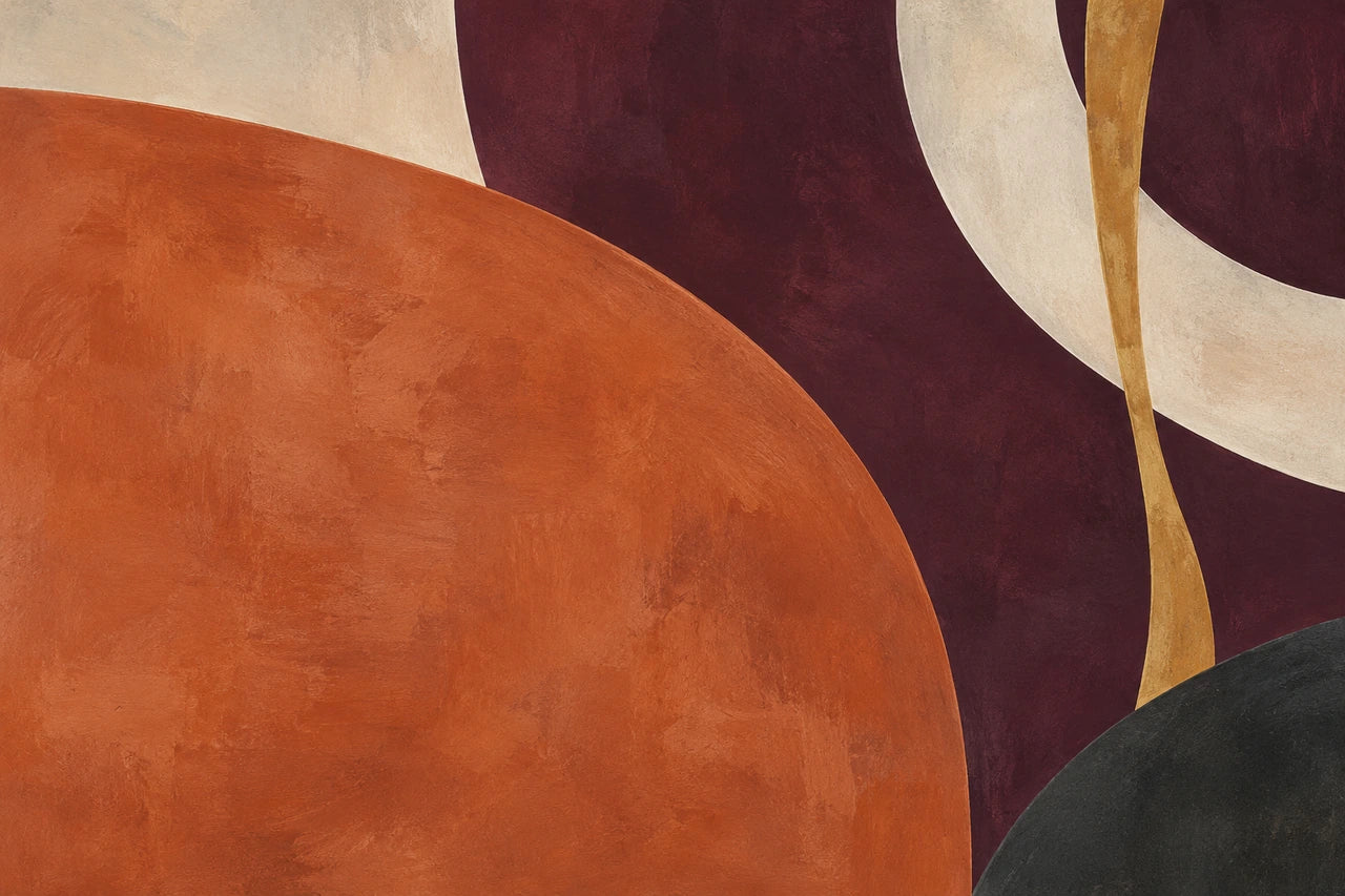 An abstract composition of broad terracotta and plum curves, chalk arcs and a slim ochre accent.