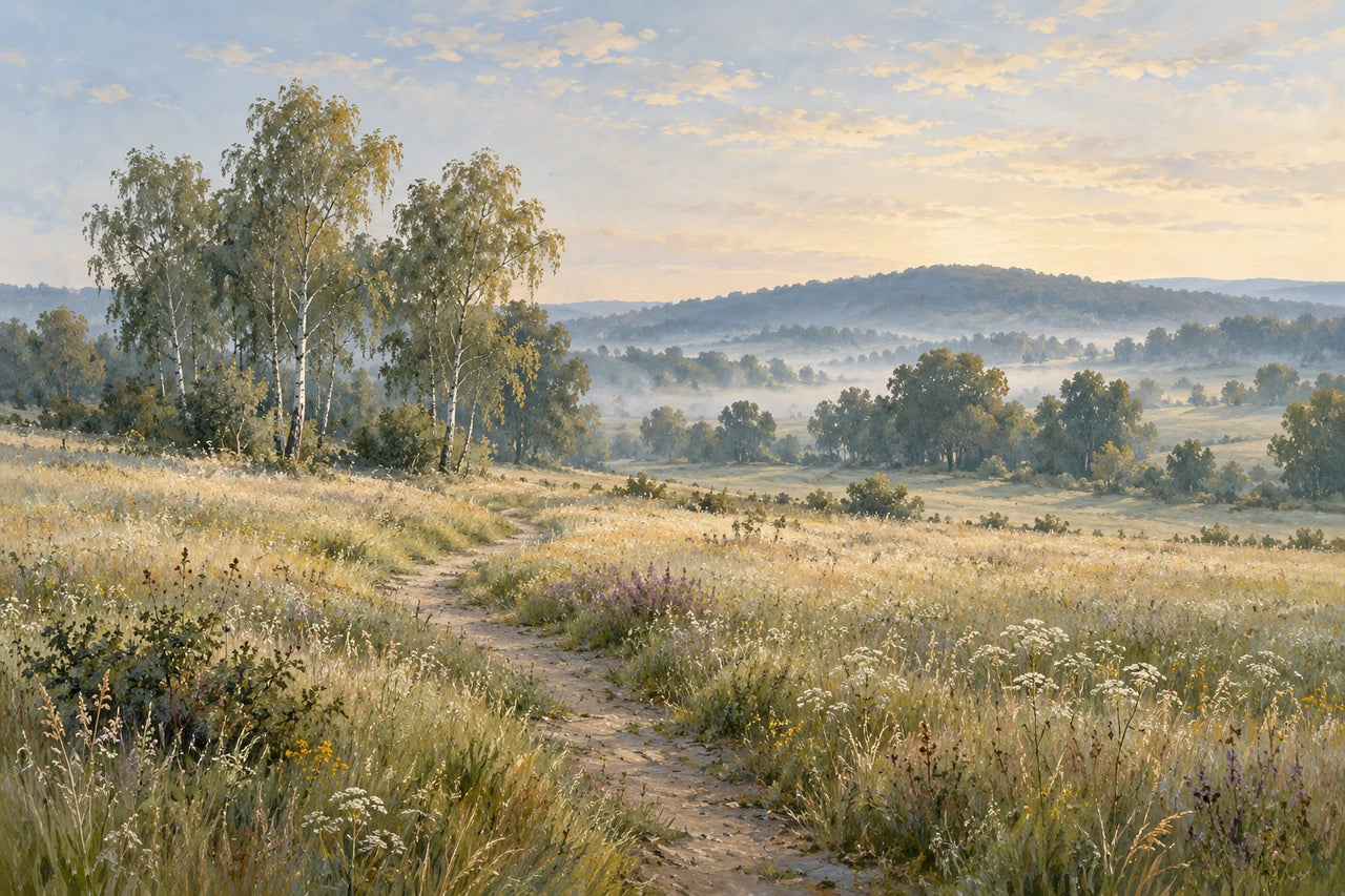 A refined painted meadow with a winding path, silver birches and distant mist in sage, chalk and blue-grey.