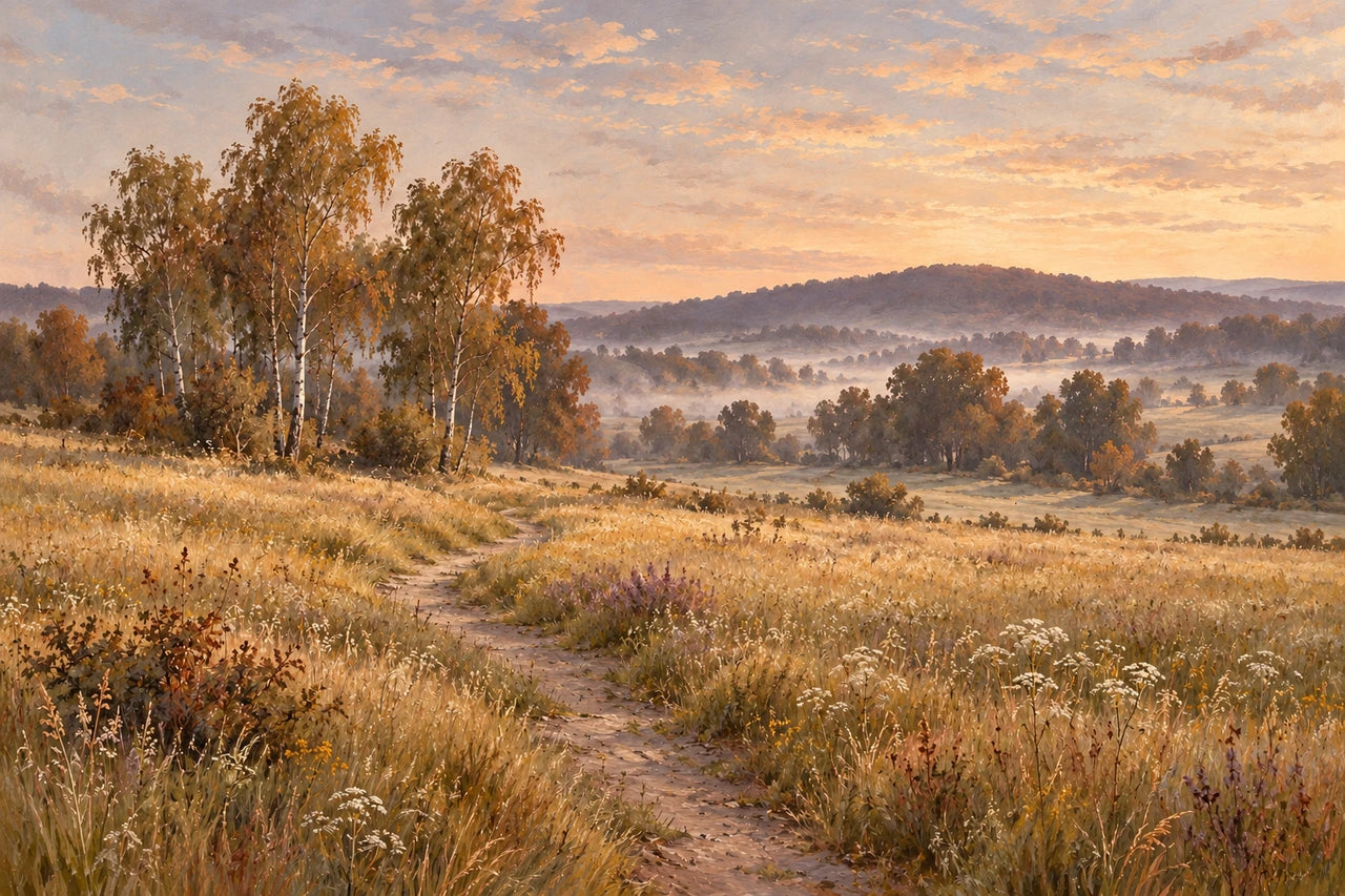 The meadow artwork revised towards honey grasses, russet trees and a soft peach-grey sky.