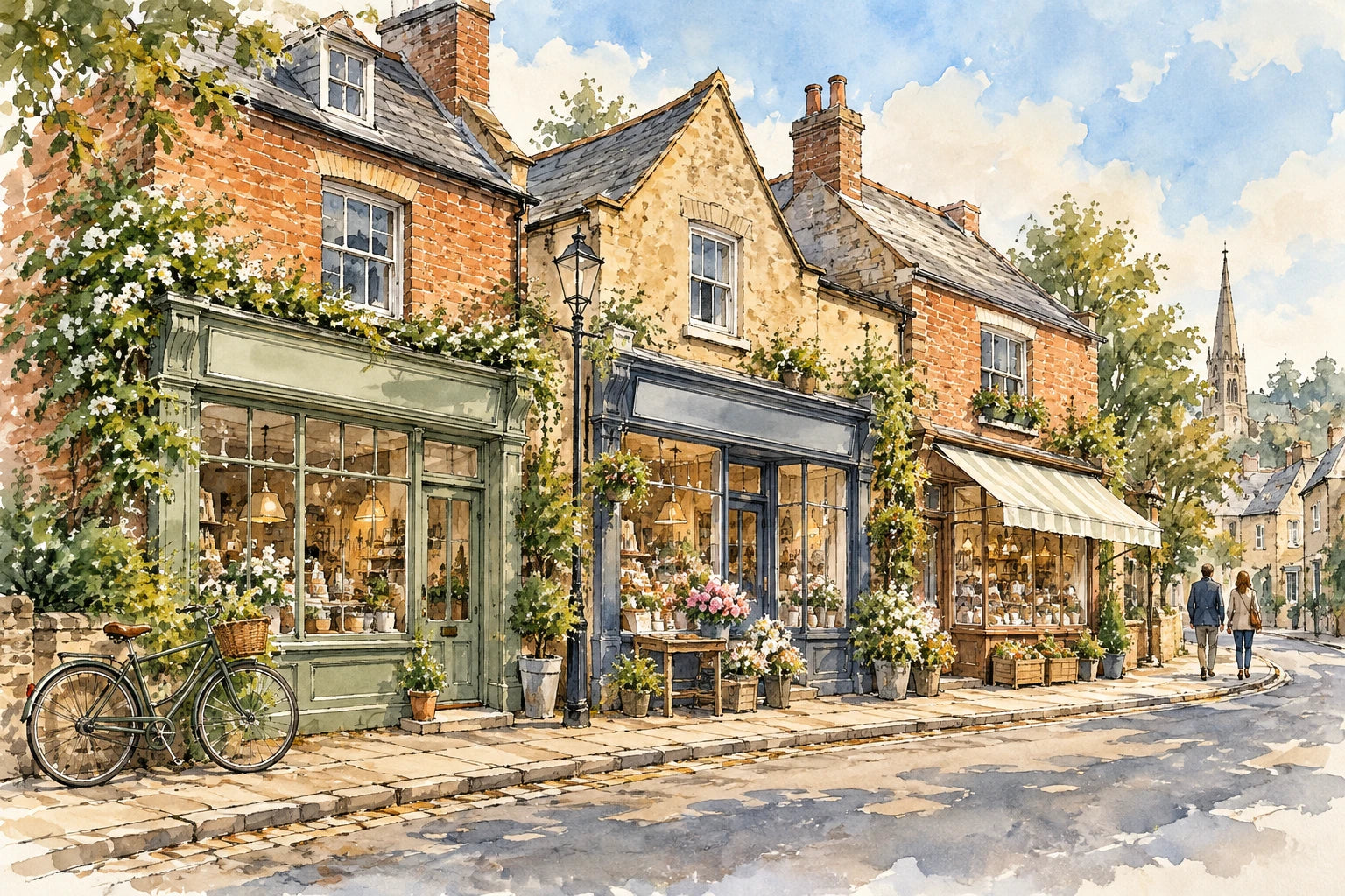 Sunday in town - ink and watercolour illustration of a small imaginary British high street with three different shopfronts, two distant shoppers and one parked bicycle.