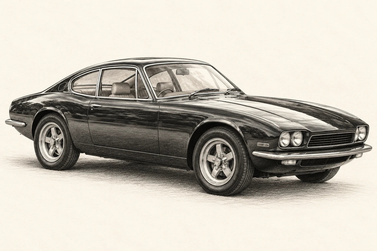 Charcoal-and-ivory drawing of the fictional classic-style coupe on an open pale background.