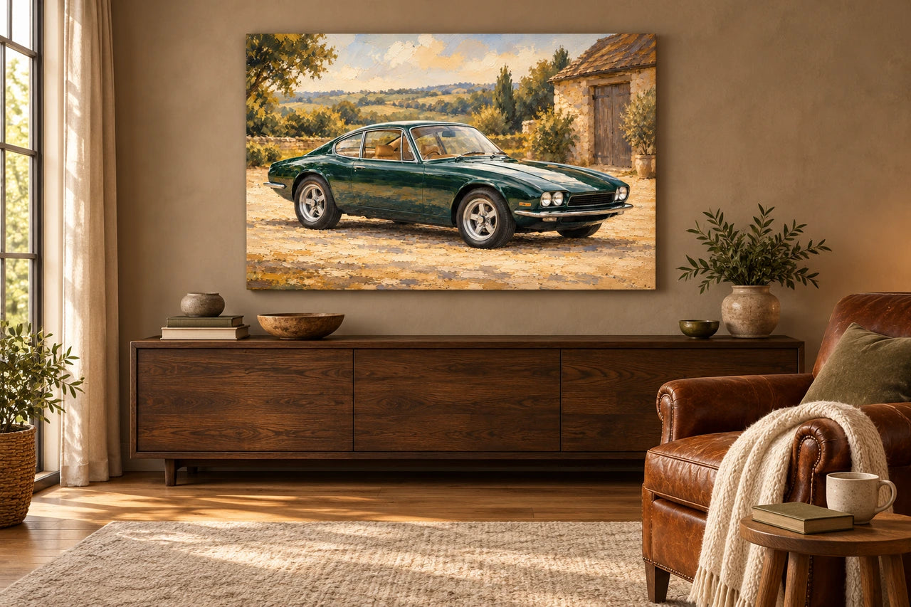 Warm painted green-coupe canvas above a dark oak cabinet beside a cognac leather armchair in a taupe den.