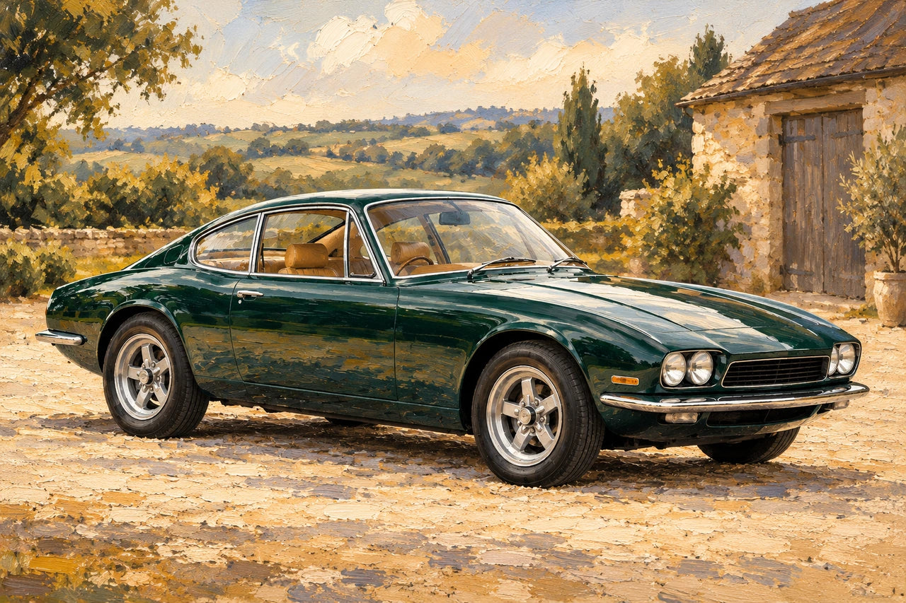 Petrol-green classic-style coupe in a warm painterly countryside scene, with the whole car and both visible wheels included.
