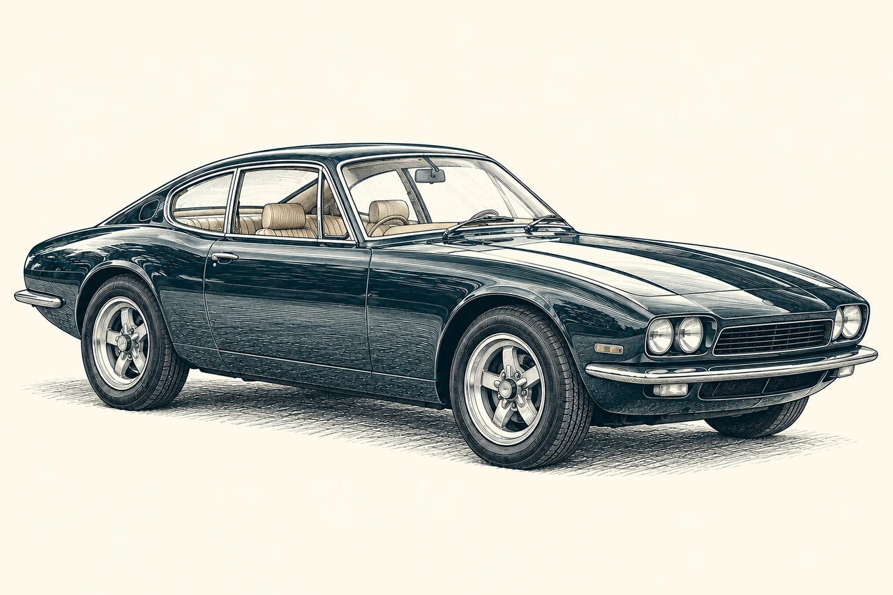 Decorative deep-petrol line drawing of the fictional coupe on warm ivory, without dimensions or labels.