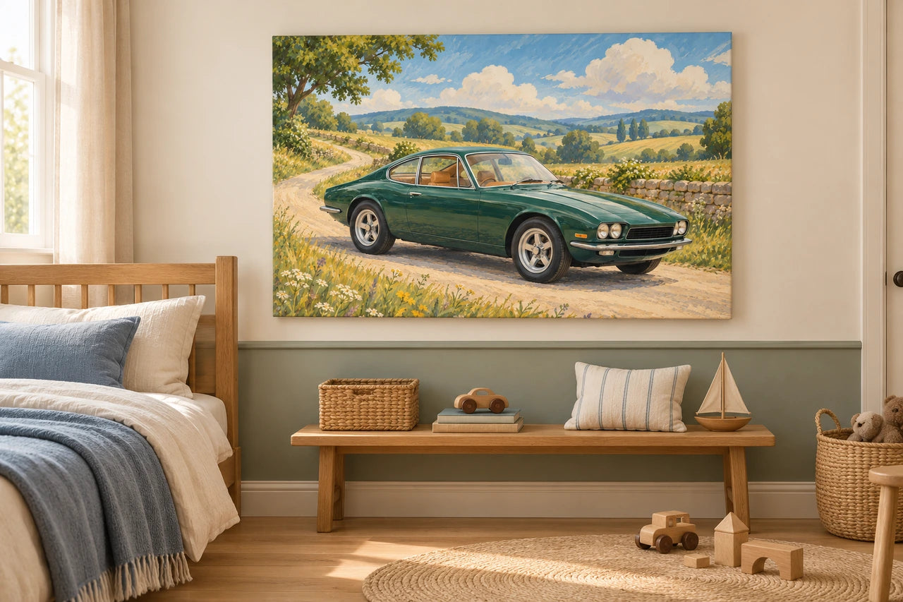 Country-lane green-car canvas above an oak bench in an ivory-and-sage child's bedroom.