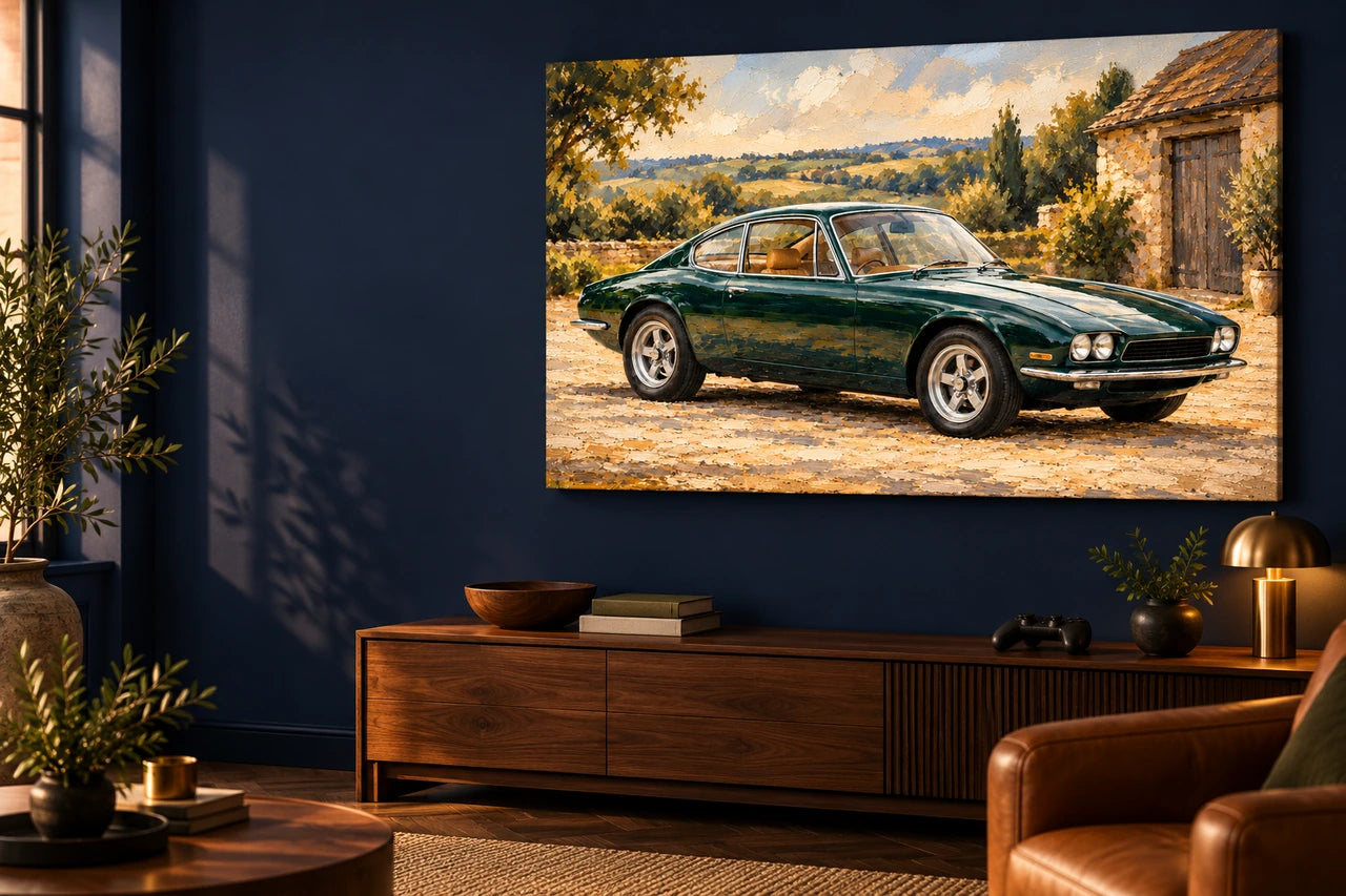 Fictional green classic car painting on canvas in an imagined navy and walnut games room.