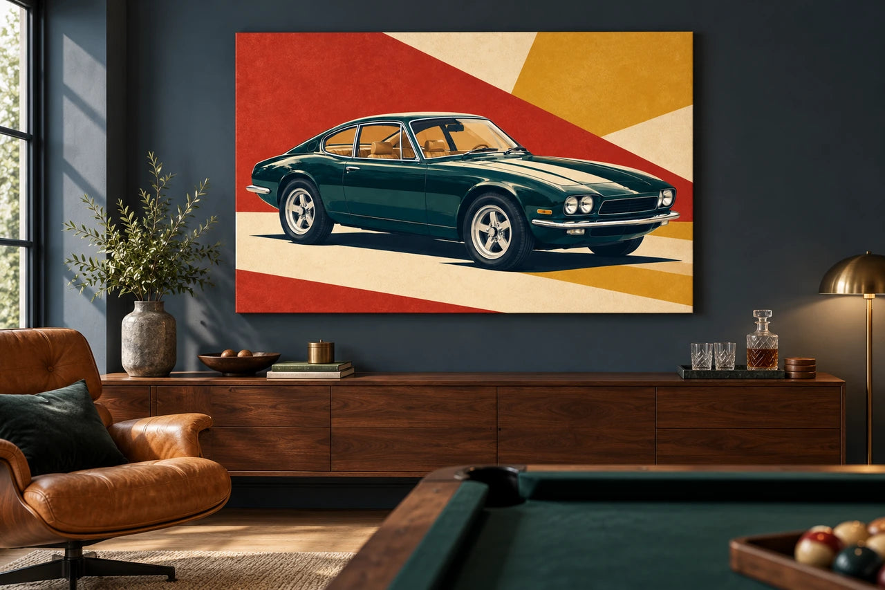 Graphic green-car canvas on a dark blue-grey games-room wall above a walnut console, with a pool table in the foreground.