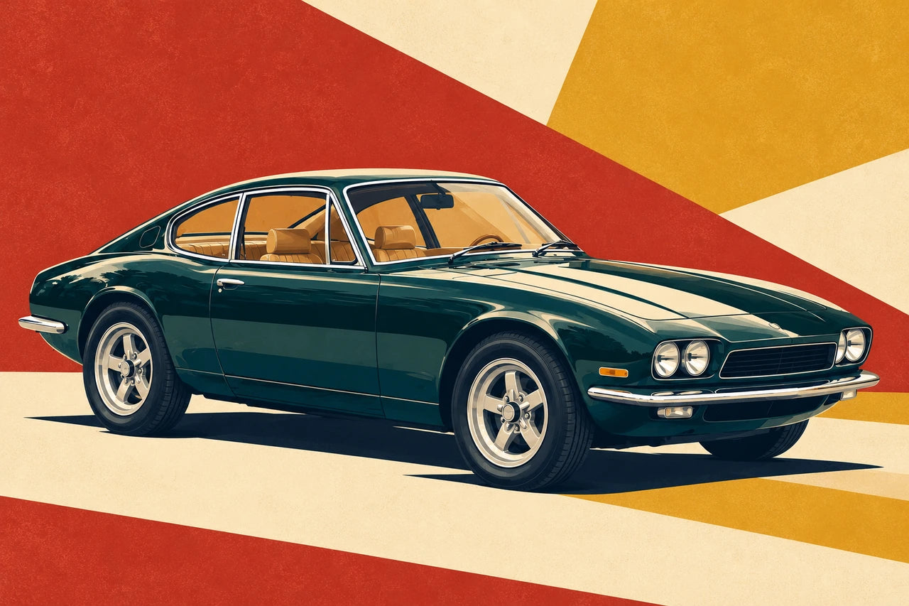Petrol-green coupe against bold brick-red, mustard and cream geometric shapes.