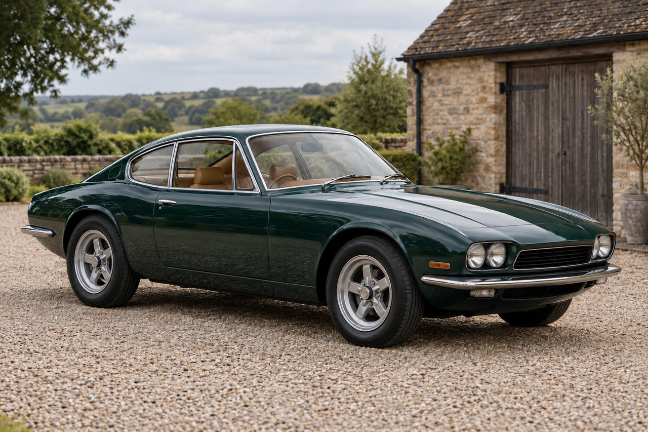 Fictional petrol-green classic-style GT coupe photographed from the front three-quarter angle, with both visible wheels complete.