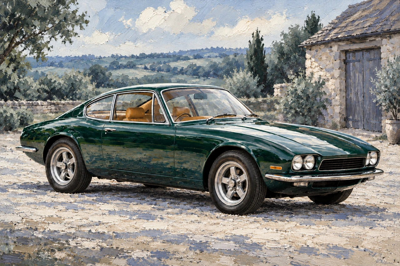 The painted green coupe artwork with a cooler slate-blue and grey countryside background.
