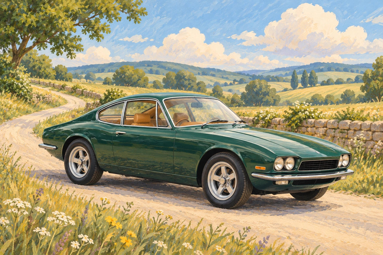 Petrol-green coupe in a soft illustrated country-lane scene with sage hills, wildflowers and blue sky.