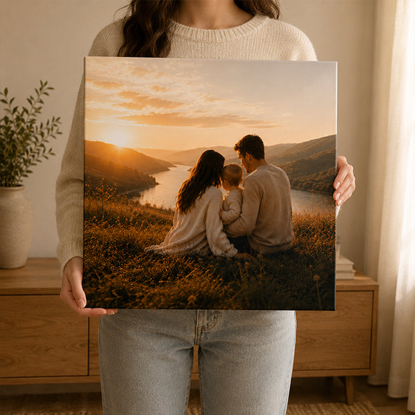 A person holding a finished square family photo canvas