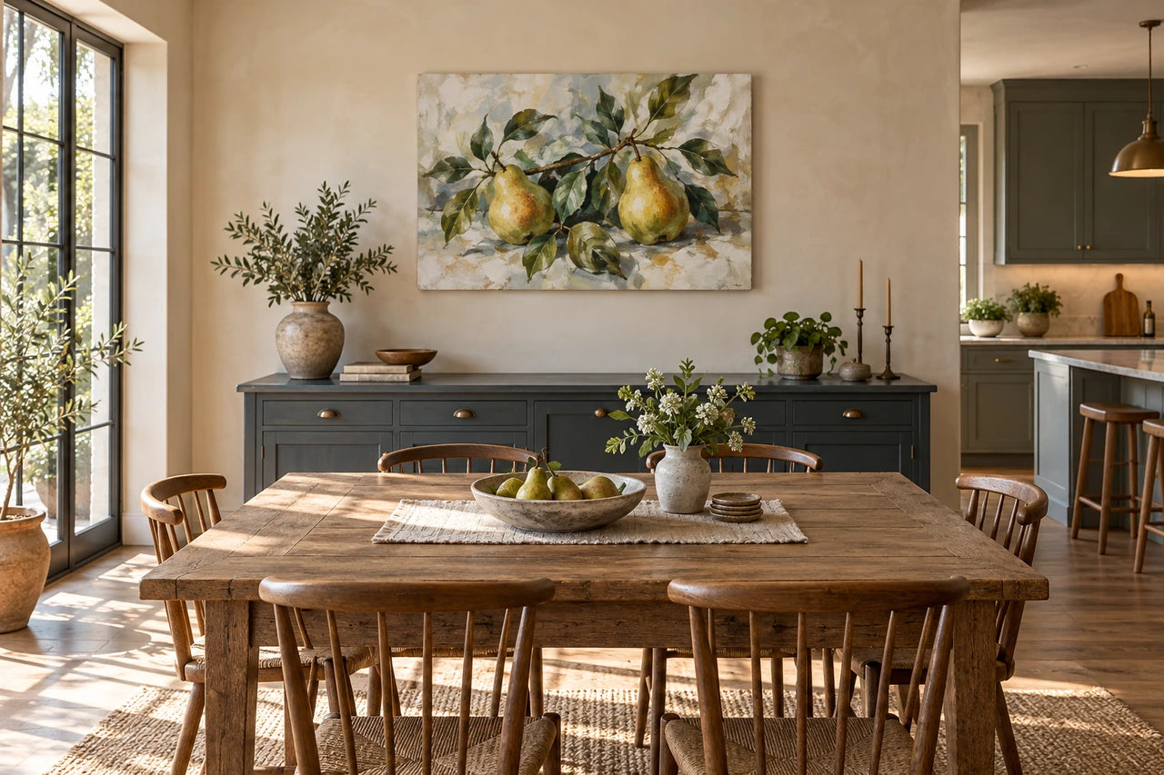 An imagined kitchen-dining room with a pear artwork at the dining end and the inactive kitchen at the side.