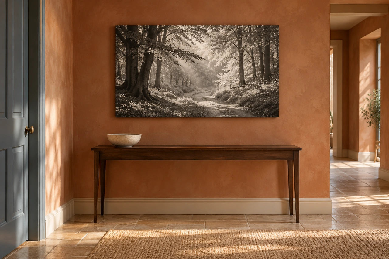 An imagined terracotta hallway with a woodland canvas above a narrow console and a clear walkway.