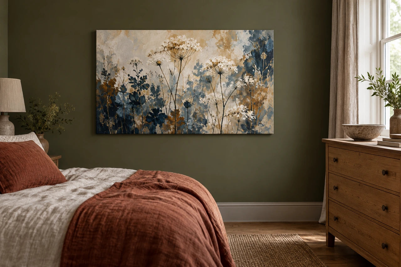 An imagined olive bedroom with a botanical canvas on a clear wall, away from the window.