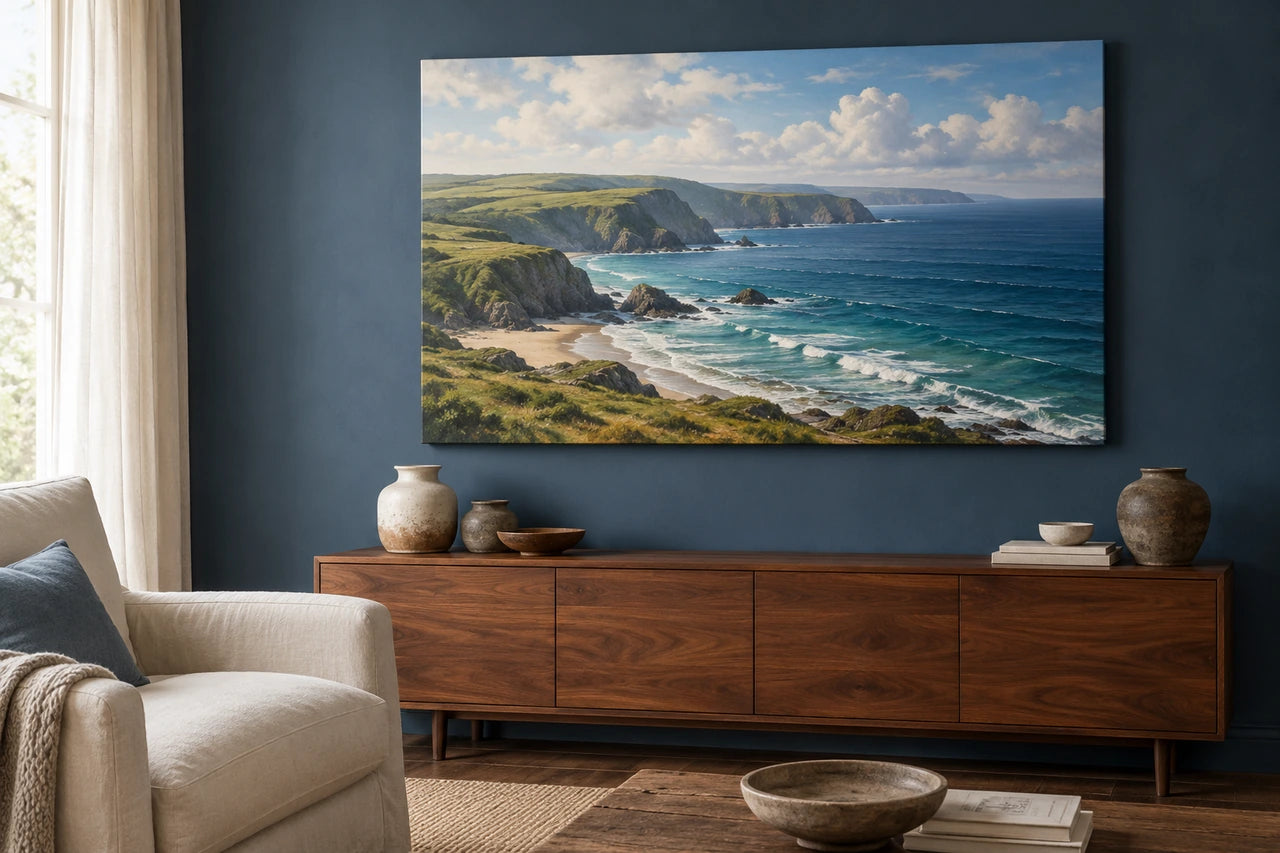 An imagined blue sitting room with a coastal canvas on a wall lit indirectly by a side window.