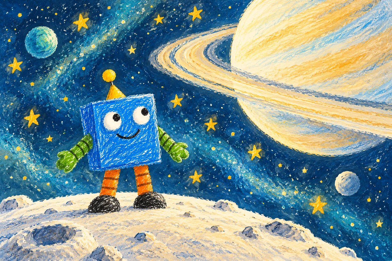 Fictional blue robot on a small moon beneath a large cream ringed planet and gold stars.
