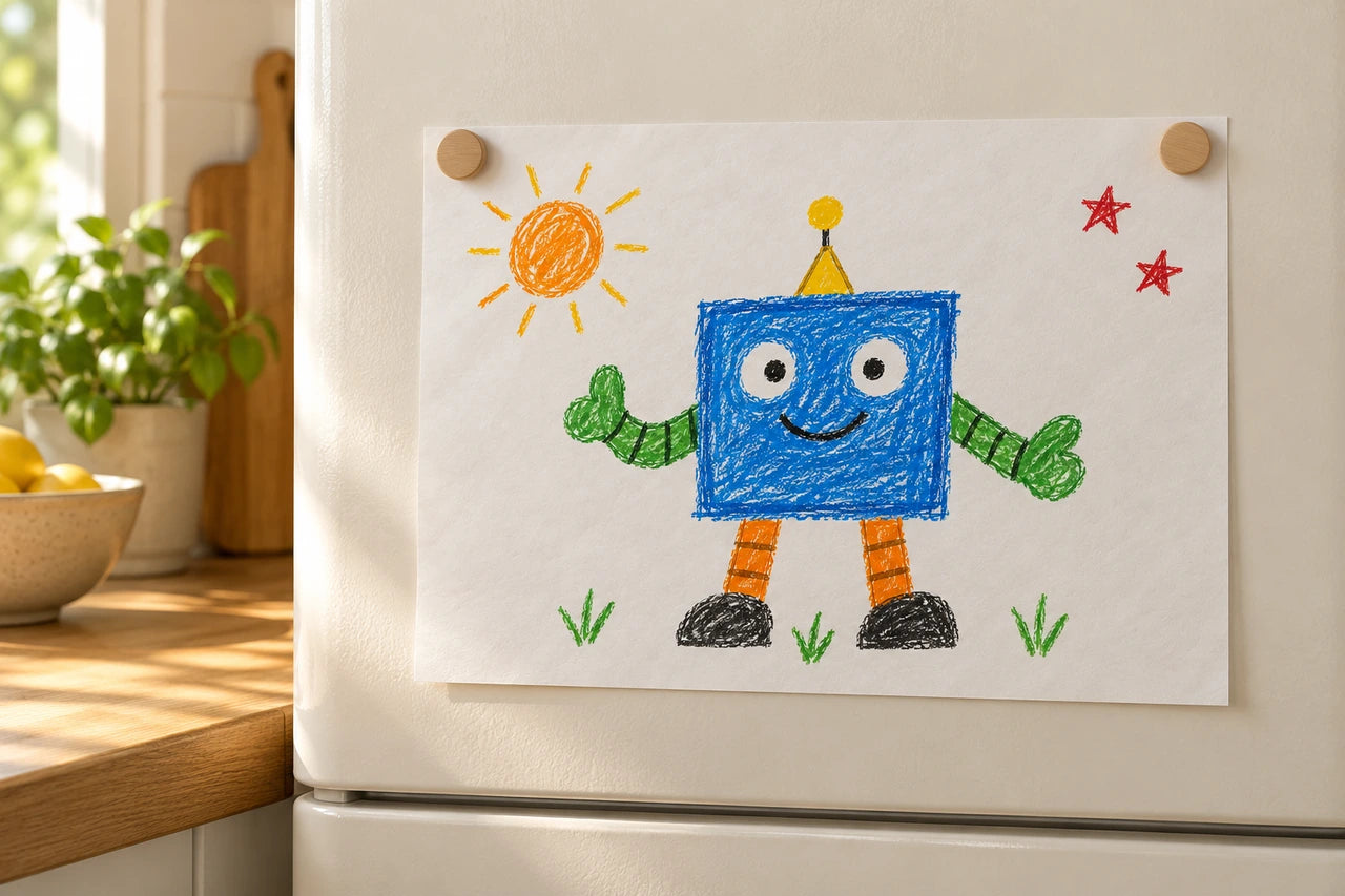 The fictional blue robot drawing held to an off-white refrigerator by plain wooden magnets.