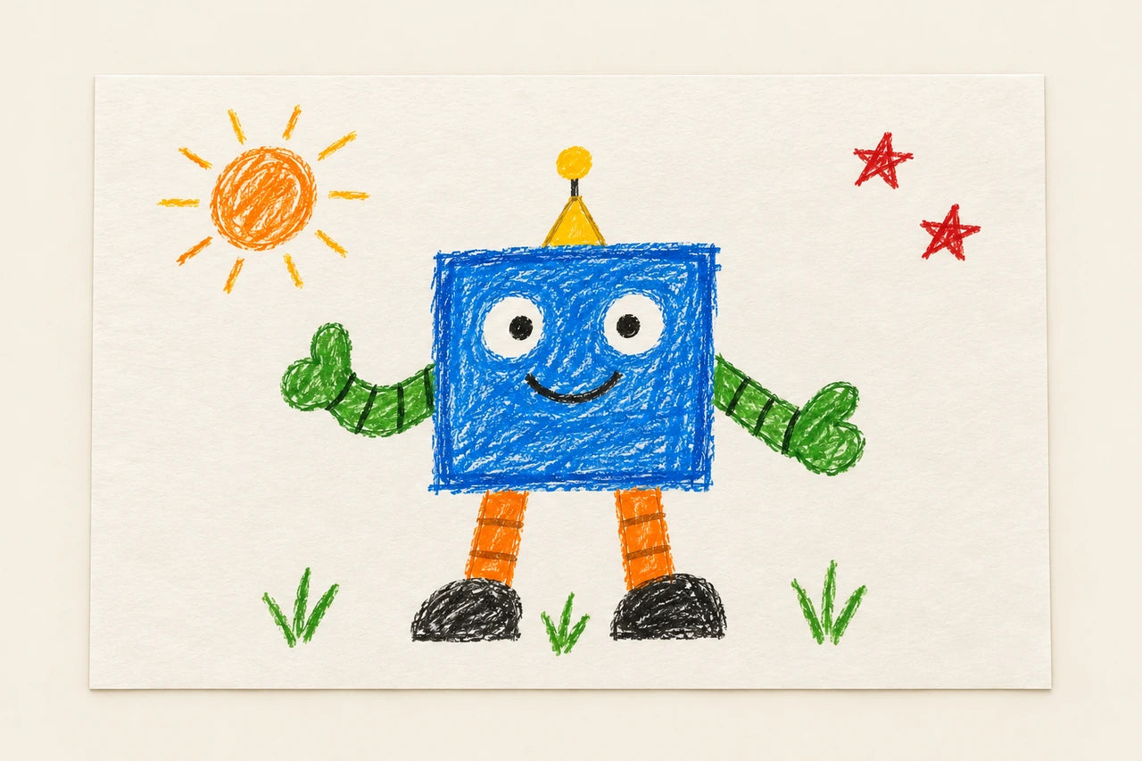 A reference-derived layout of the fictional blue robot drawing on warm paper with a quiet ivory margin.