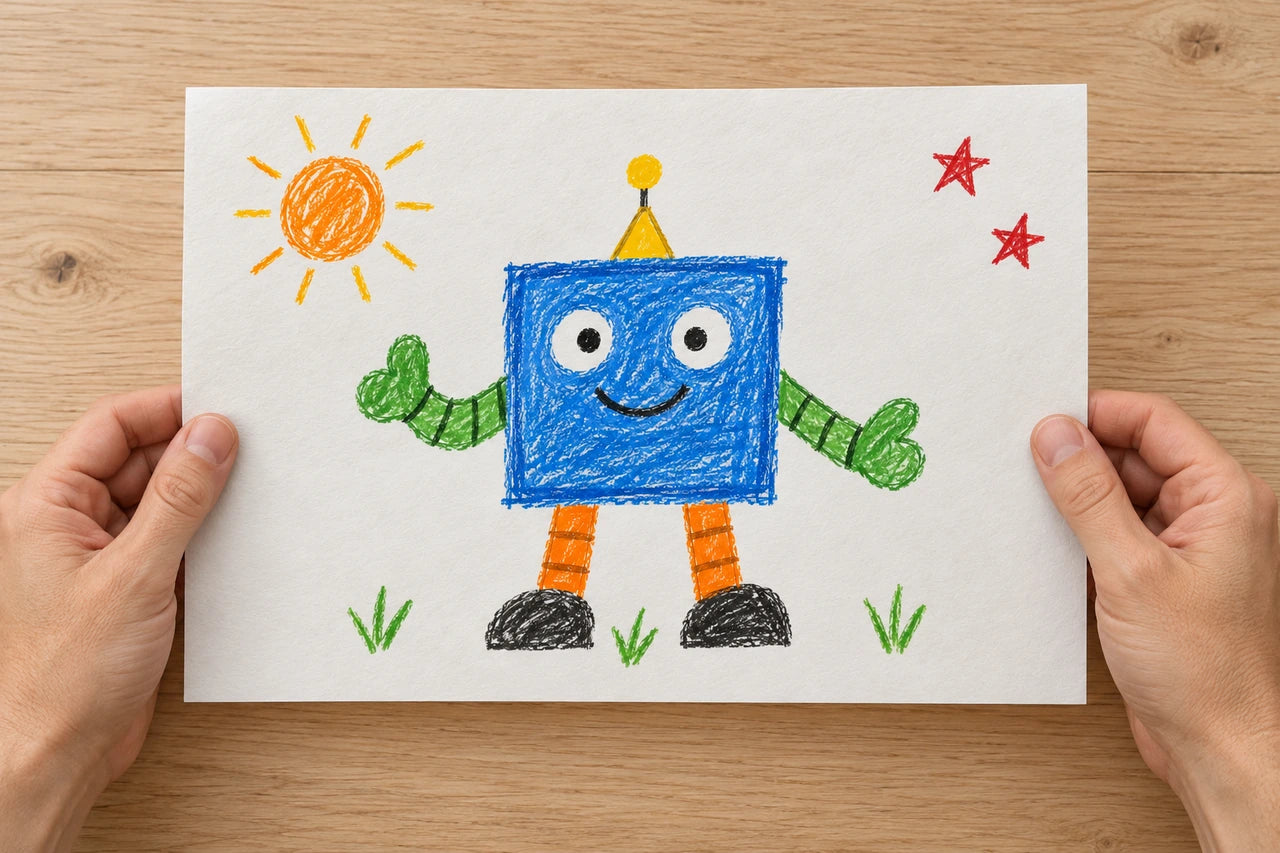 Hands holding the complete fictional robot drawing by its paper margins above a pale wooden table.