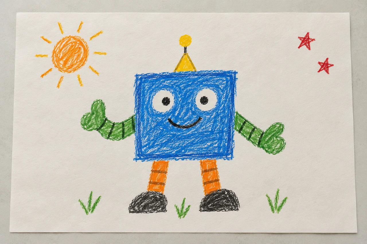 A fictional childlike blue robot drawing with green arms, orange legs, yellow antenna, orange sun and two red stars.