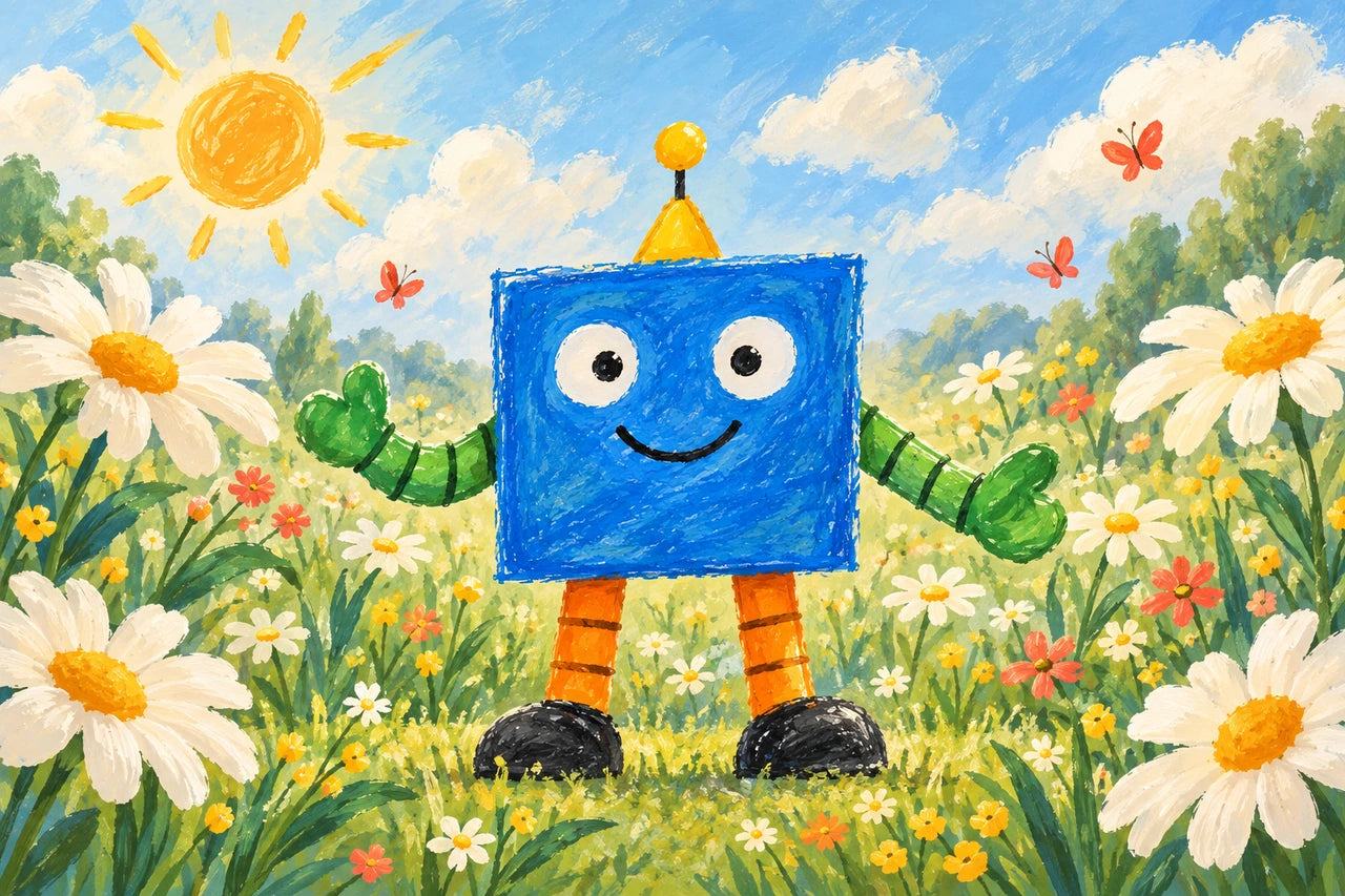 Fictional blue robot reinterpreted in a bright garden of large daisies and small flowers.