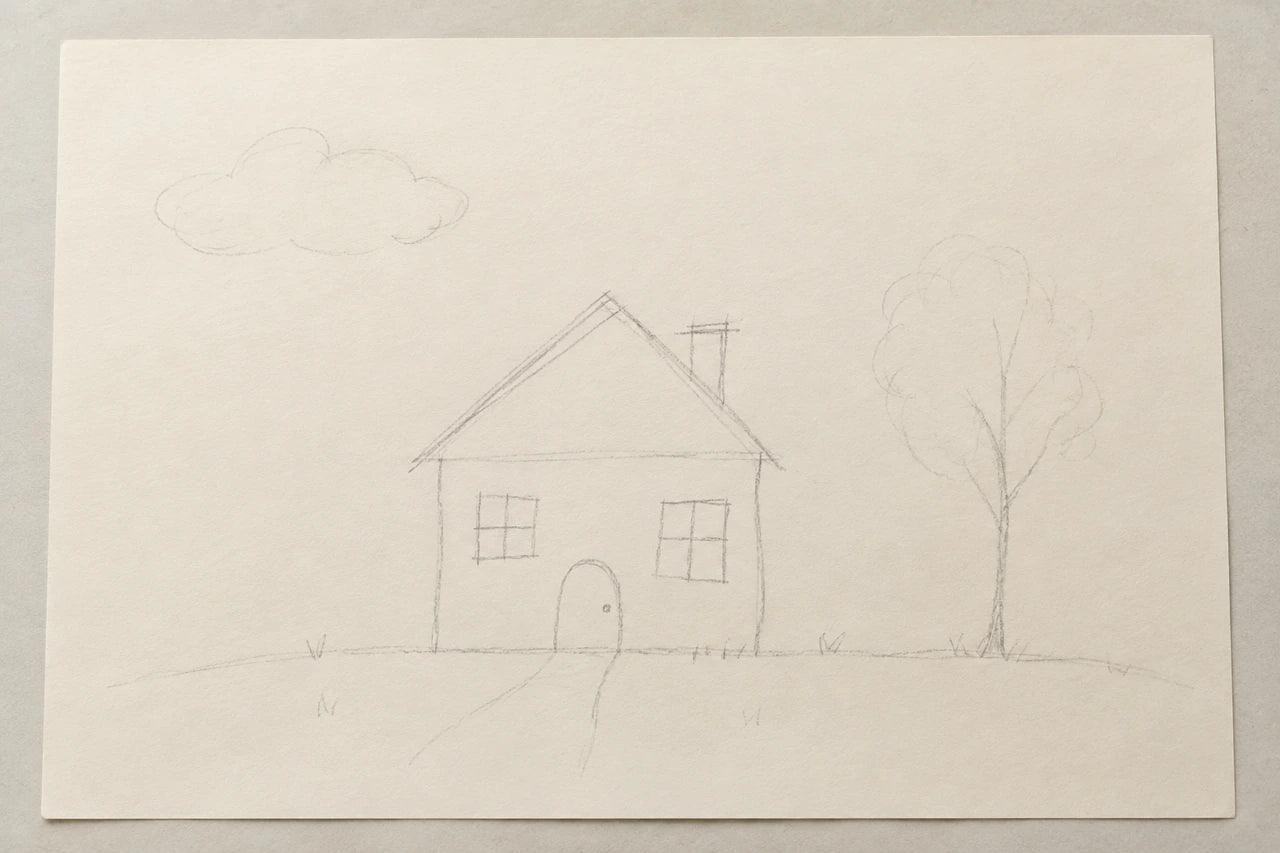 A separate fictional faint pencil drawing of a house, tree and cloud on warm paper.