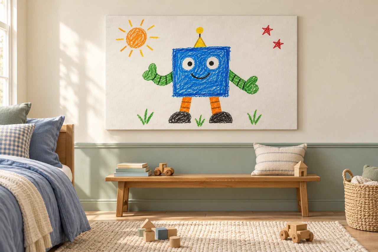 The fictional blue robot drawing displayed as an unframed canvas in a calm ivory-and-sage child's room.