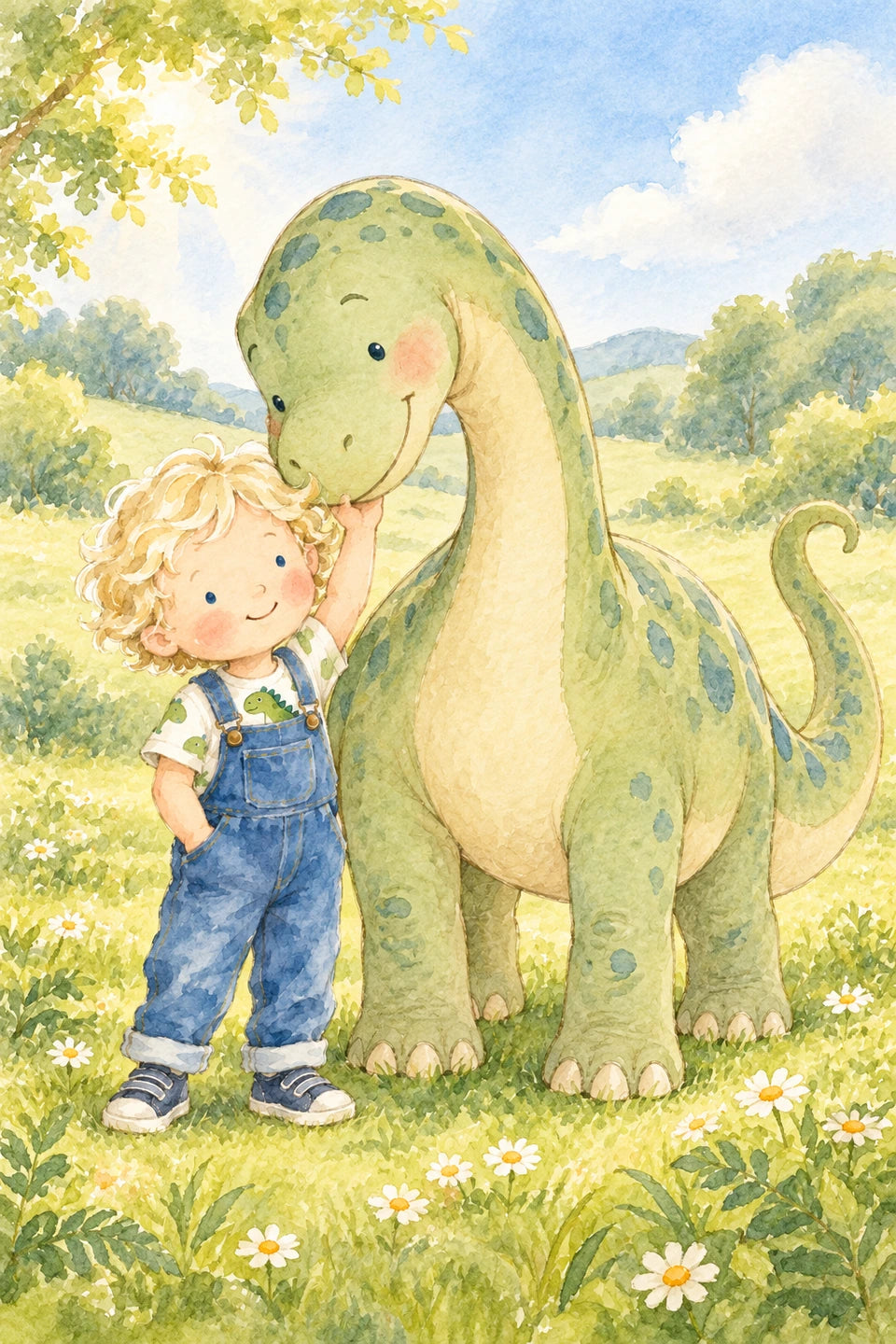 Watercolour child with a friendly dinosaur