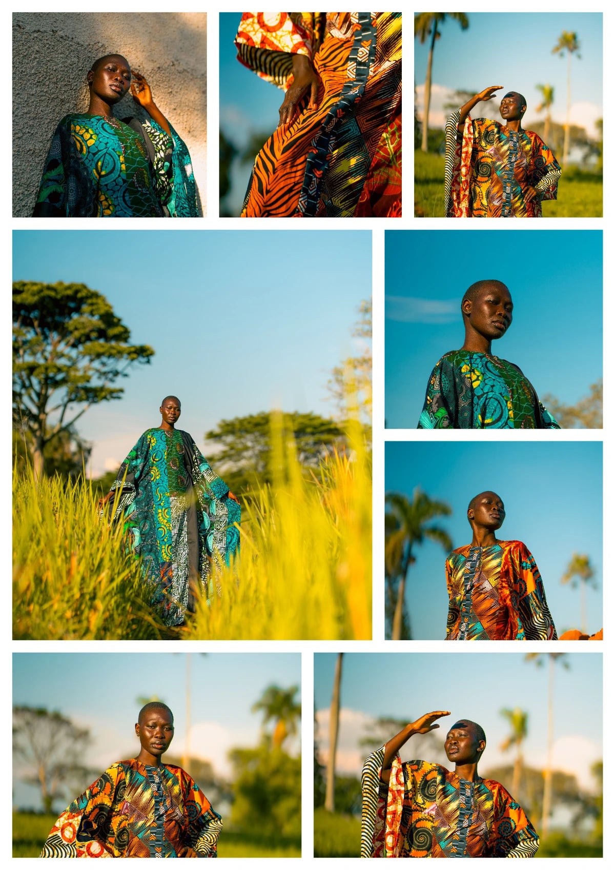 Eight-photo feature collage including a fabric detail and portraits