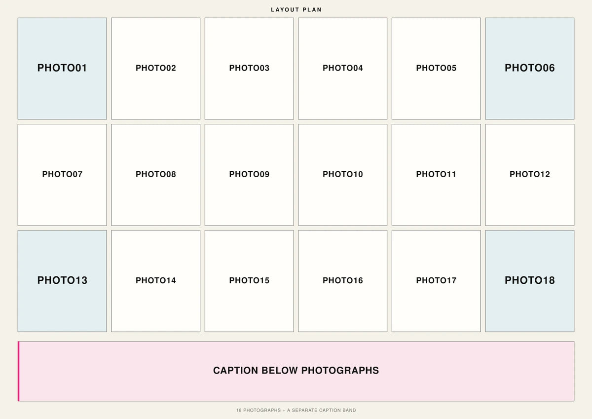 Layout plan with eighteen numbered photo areas in six columns and three rows plus a separate caption below