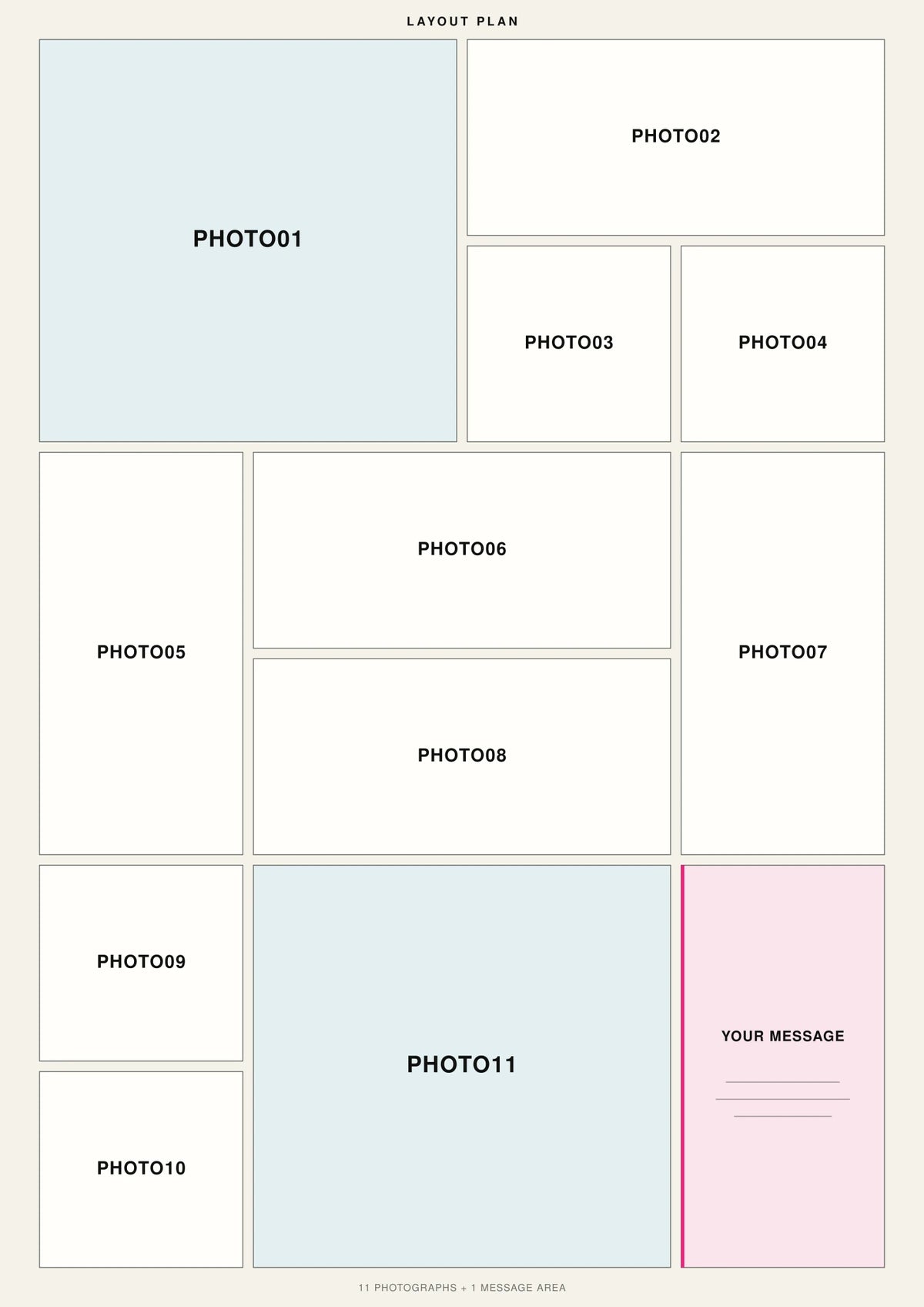 Layout plan with eleven numbered photo areas and a twelfth area reserved for a message