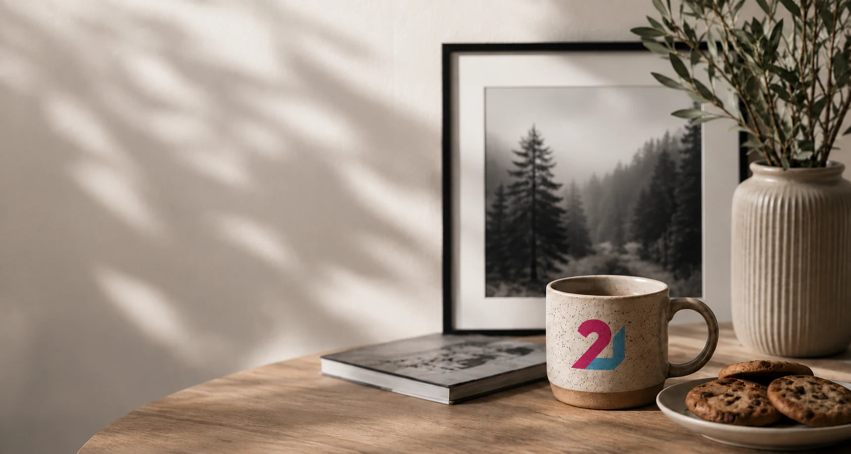 A YI2C mug, cookies and a framed photographic print in a calm interior
