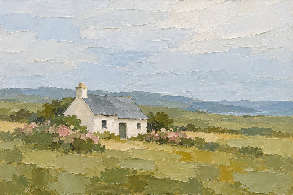Small cream cottage in a loosely painted garden with soft pink flowers